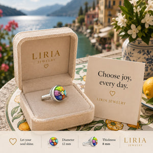 Silver round ring with multicolor floral Murano-style glass centerpiece