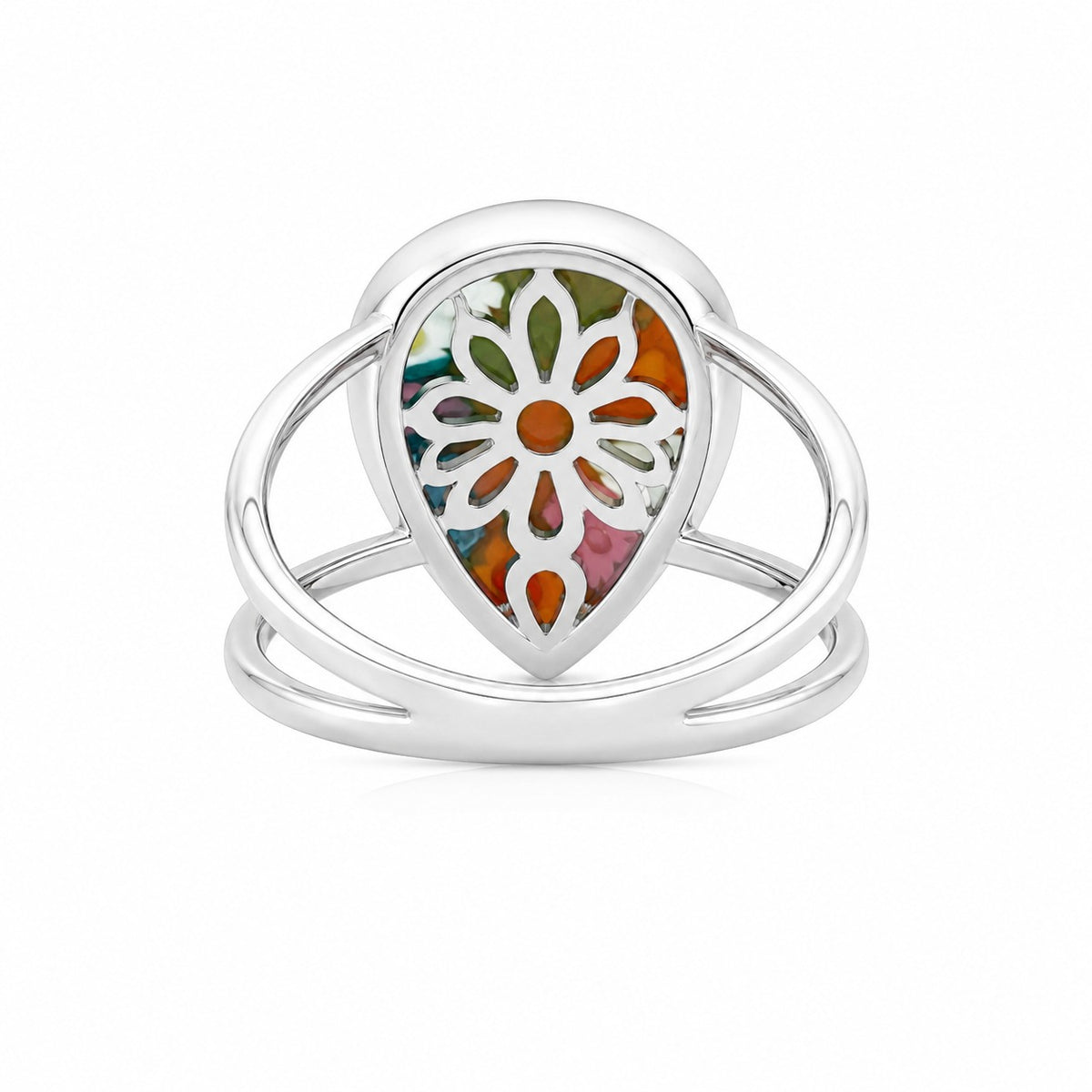 Silver statement ring with teardrop-shaped Murano-style floral glass in vibrant multicolor design