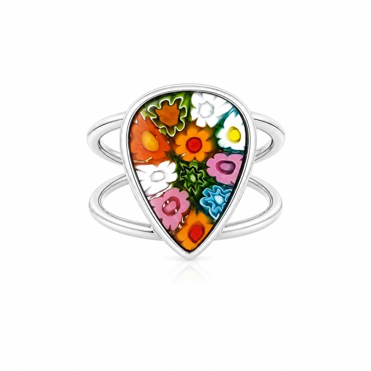 Silver statement ring with teardrop-shaped Murano-style floral glass in vibrant multicolor design