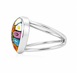 Silver statement ring with teardrop-shaped Murano-style floral glass in vibrant multicolor design