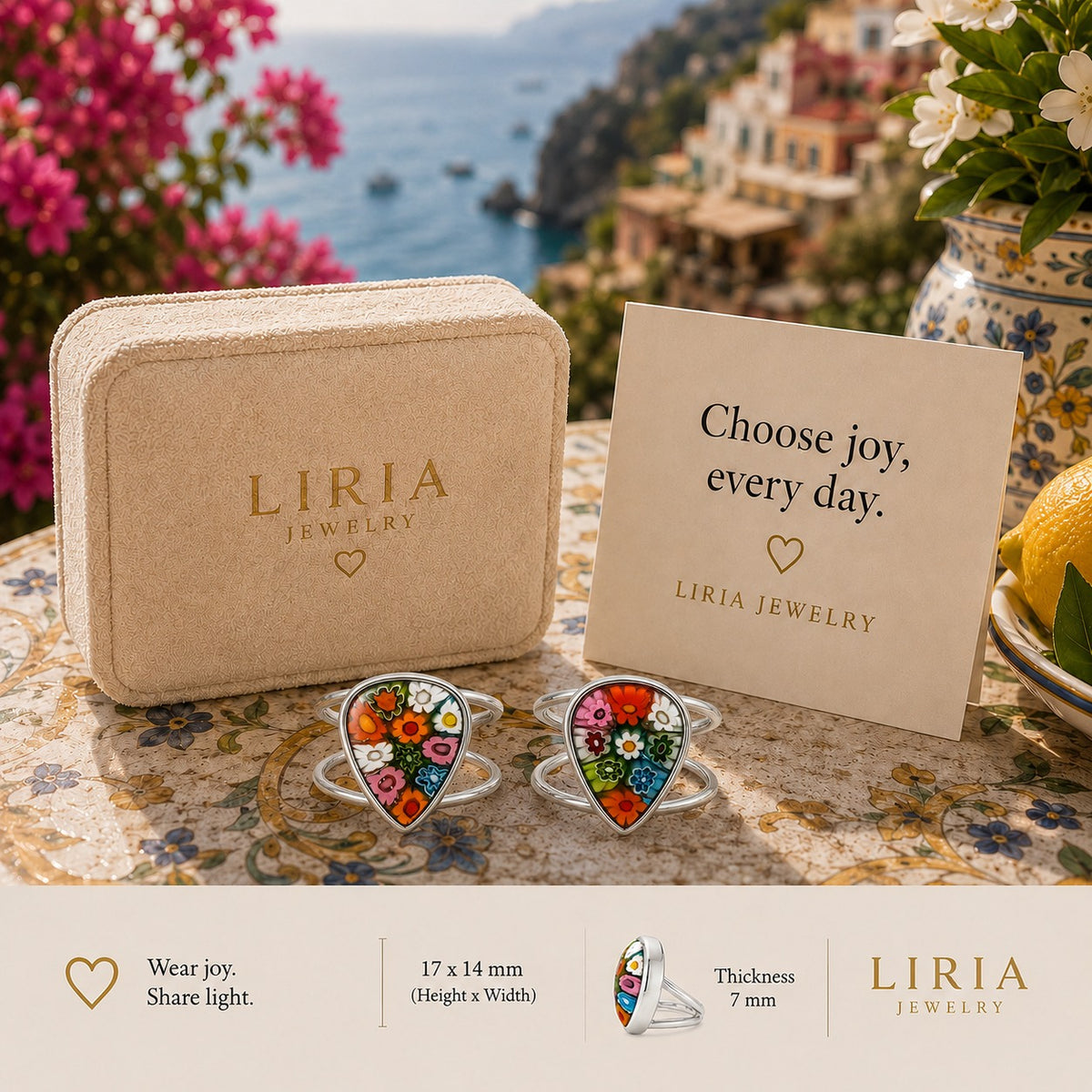 Silver statement ring with teardrop-shaped Murano-style floral glass in vibrant multicolor design