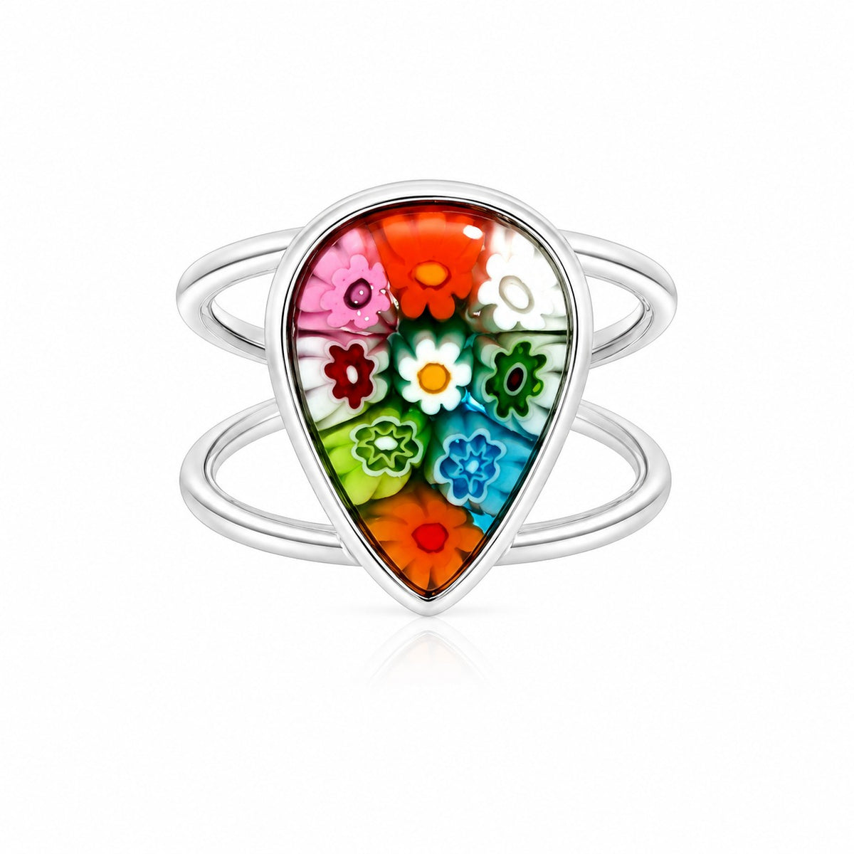 Silver statement ring with teardrop-shaped Murano-style floral glass in vibrant multicolor design