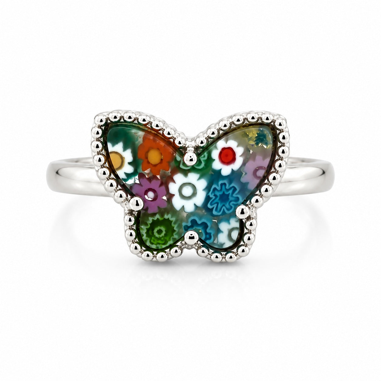 Silver butterfly ring with multicolor floral Murano-style glass design