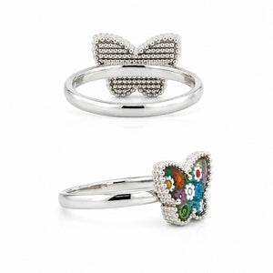 Silver butterfly ring with multicolor floral Murano-style glass design
