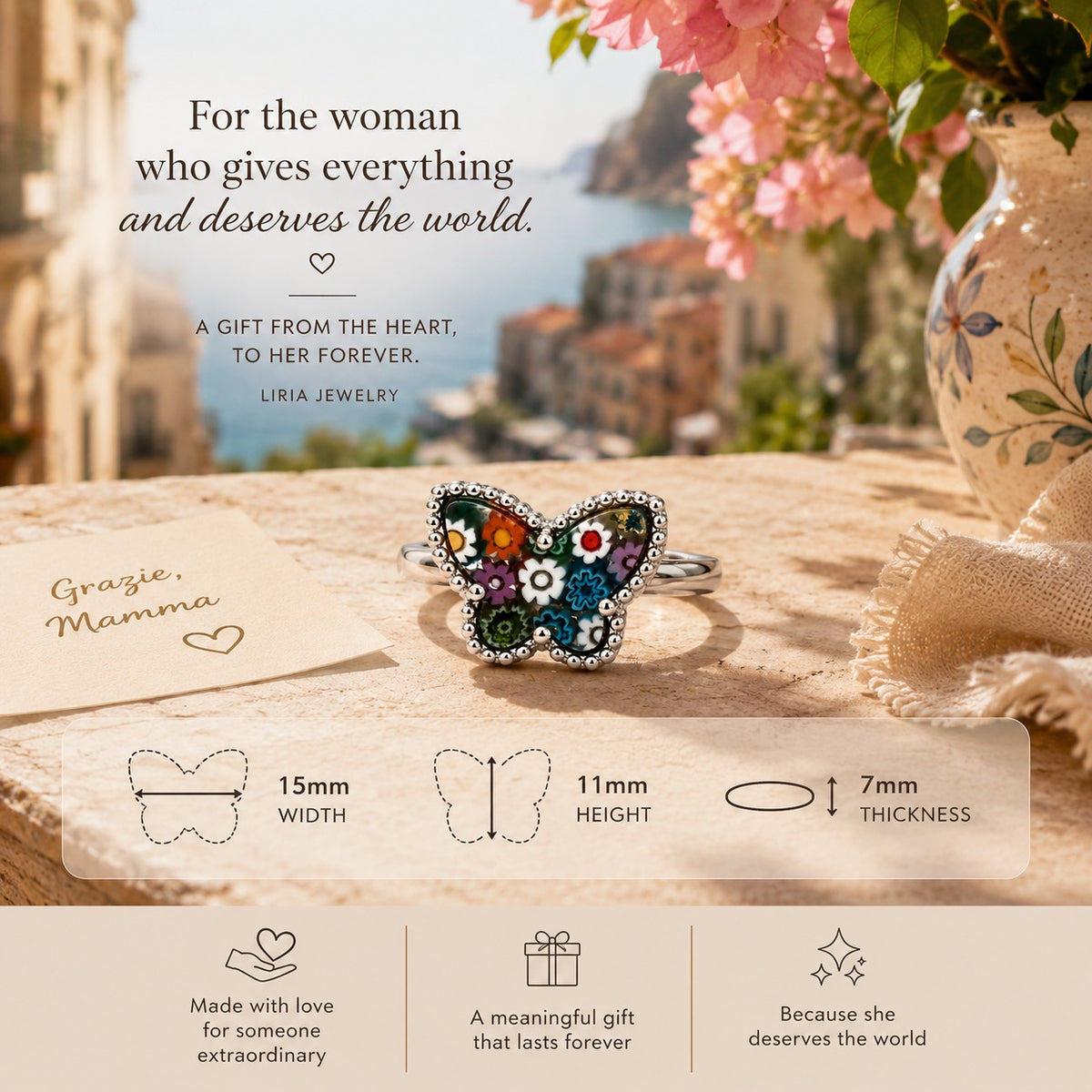 Silver butterfly ring with multicolor floral Murano-style glass design