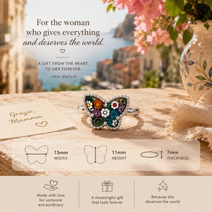 Silver butterfly ring with multicolor floral Murano-style glass design