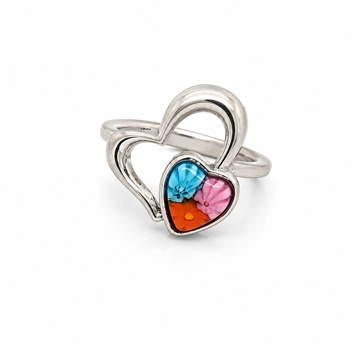 Silver heart-shaped ring with multicolor floral glass detail