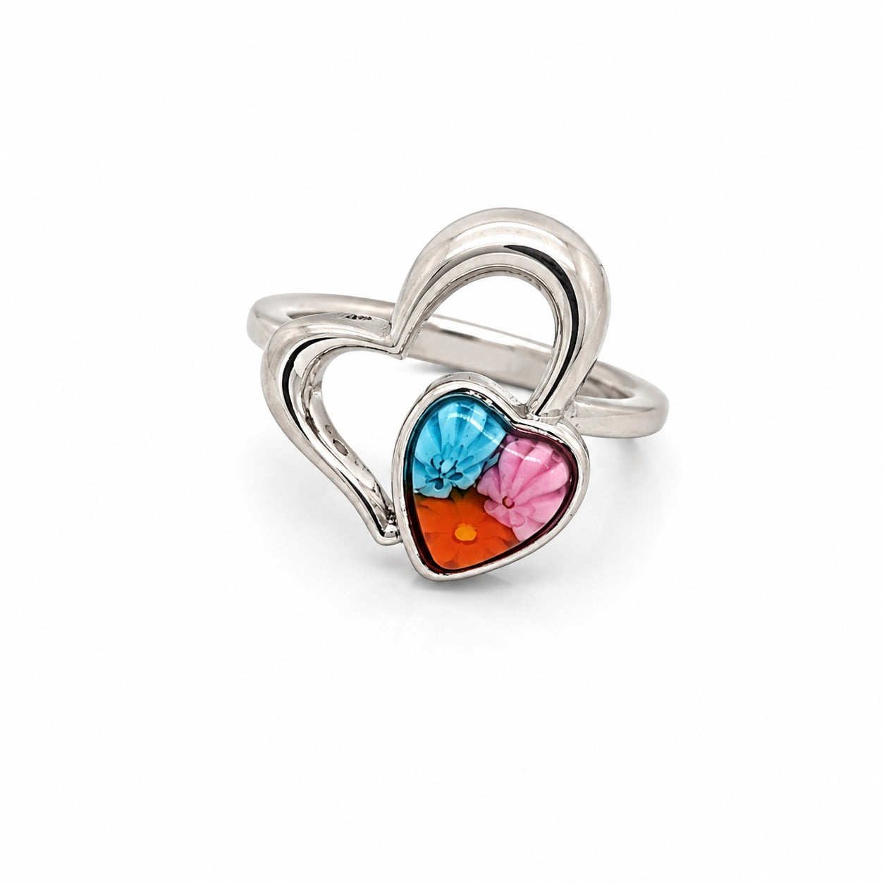 Silver heart-shaped ring with multicolor floral glass detail