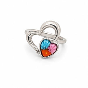 Silver heart-shaped ring with multicolor floral glass detail