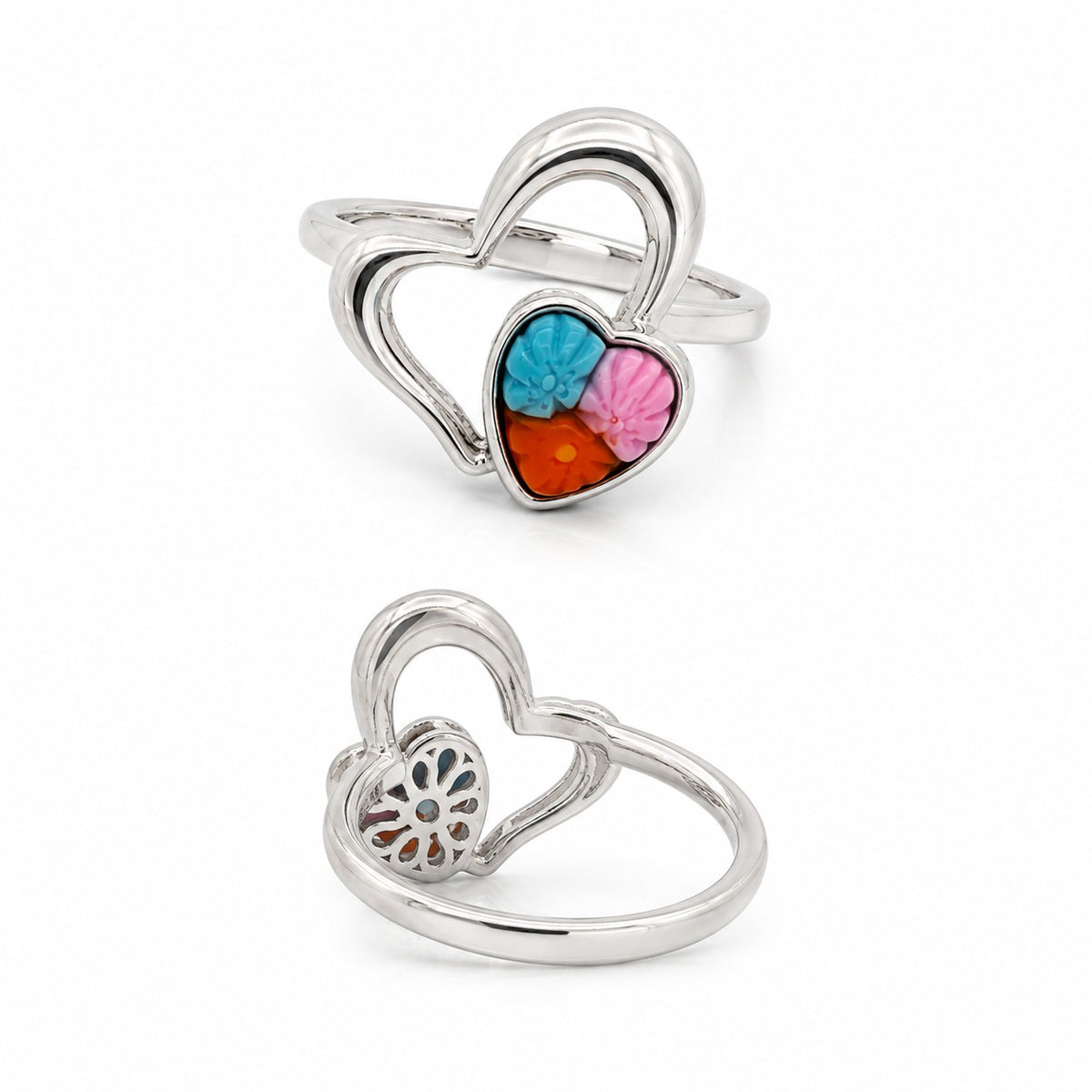 Silver heart-shaped ring with multicolor floral glass detail
