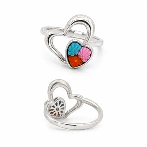 Silver heart-shaped ring with multicolor floral glass detail
