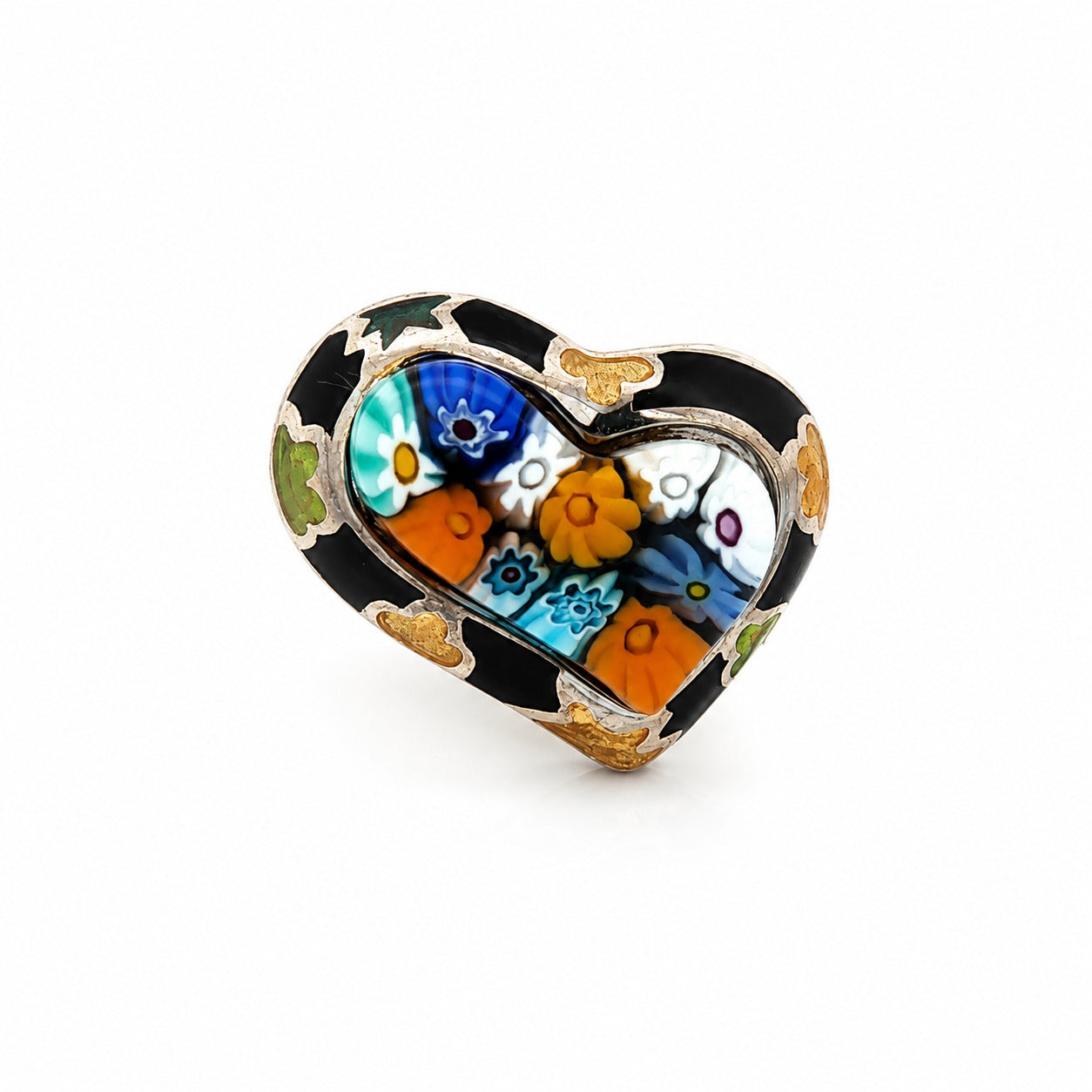 Heart-shaped Murano-style glass ring with multicolor floral design and black enamel details