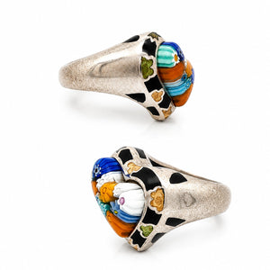 Heart-shaped Murano-style glass ring with multicolor floral design and black enamel details