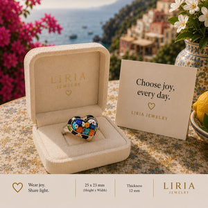 Heart-shaped Murano-style glass ring with multicolor floral design and black enamel details
