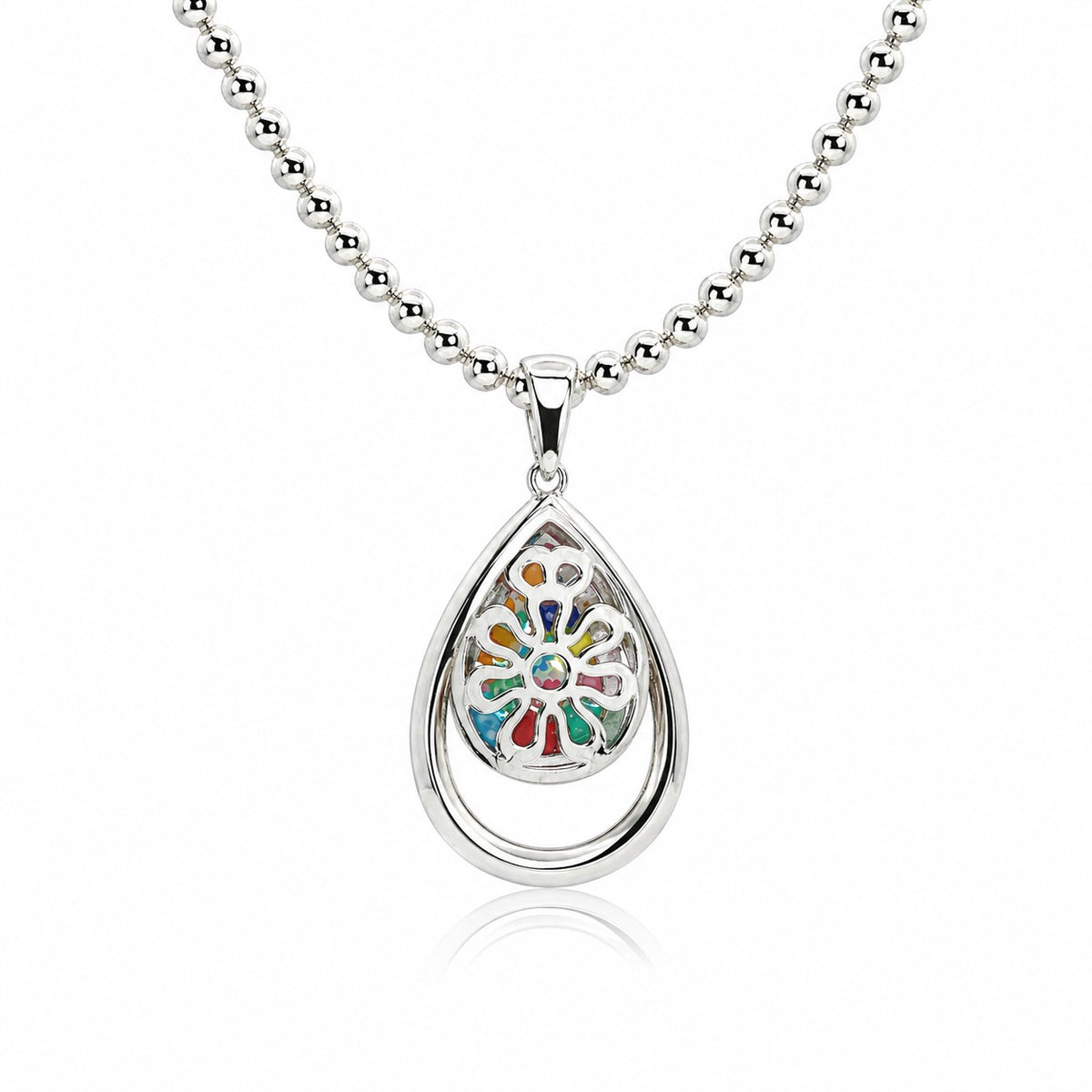 Silver teardrop pendant with colorful heart design on a white background