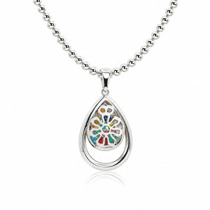 Silver teardrop pendant with colorful heart design on a white background