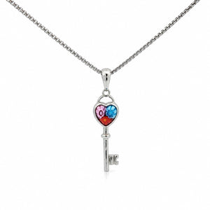 Silver key-shaped pendant with colorful heart design on a white background