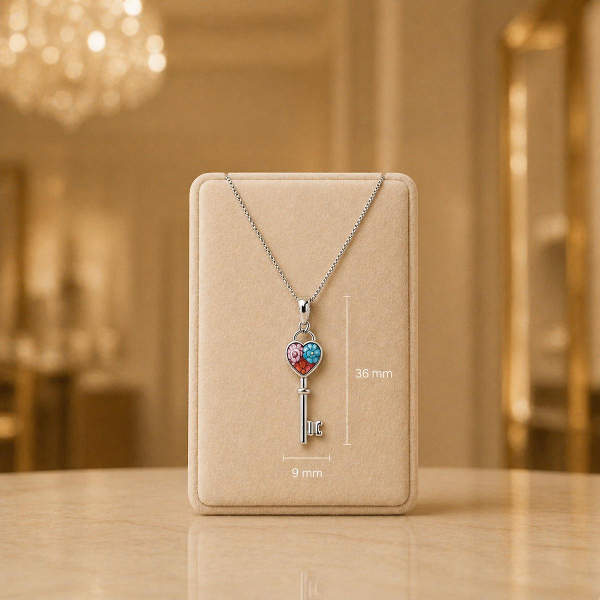 Necklace with a key-shaped pendant on a beige display card against a blurred background