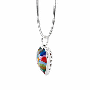Multicolored heart-shaped pendant on a silver chain against a white background