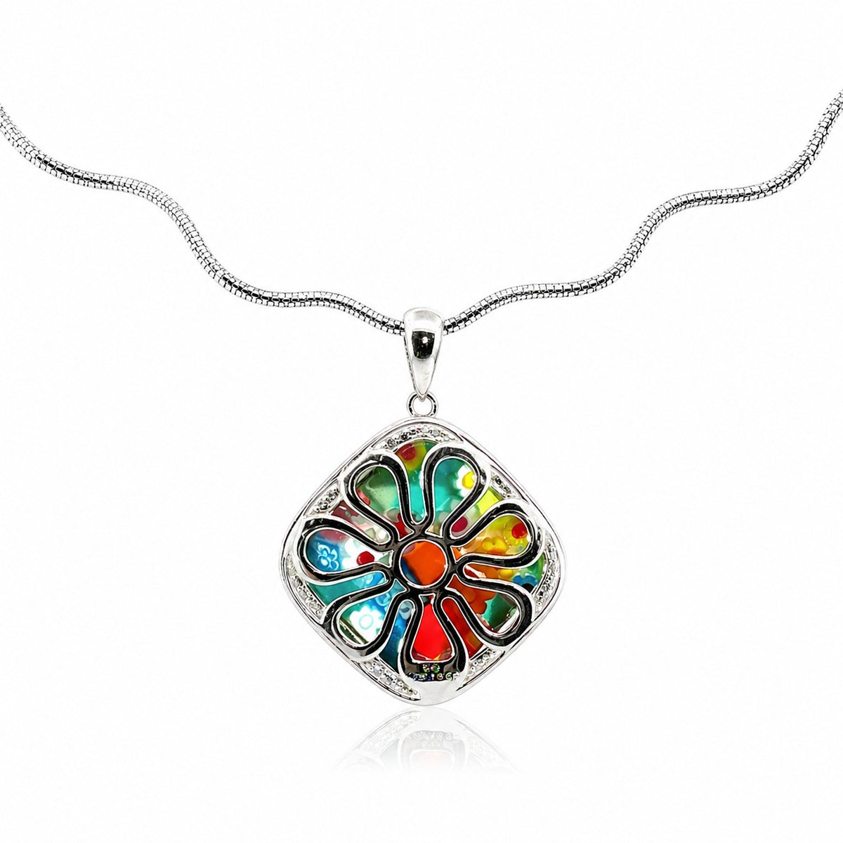 Colorful flower-shaped pendant on a silver chain against a white background
