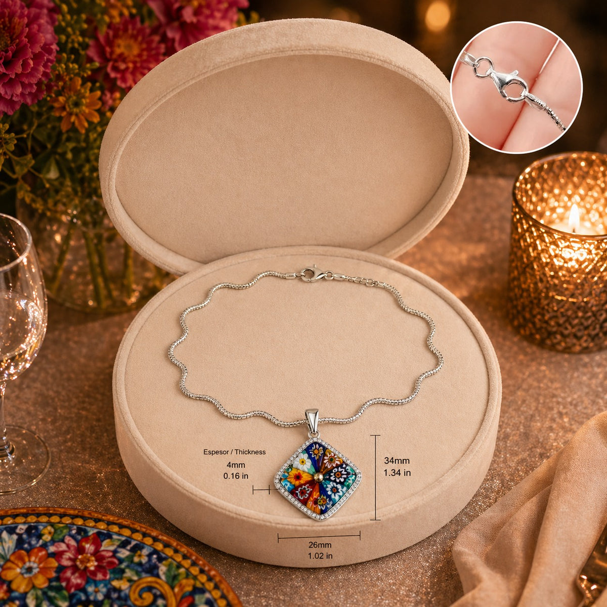 Necklace with a colorful pendant in an open jewelry box on a decorative table.