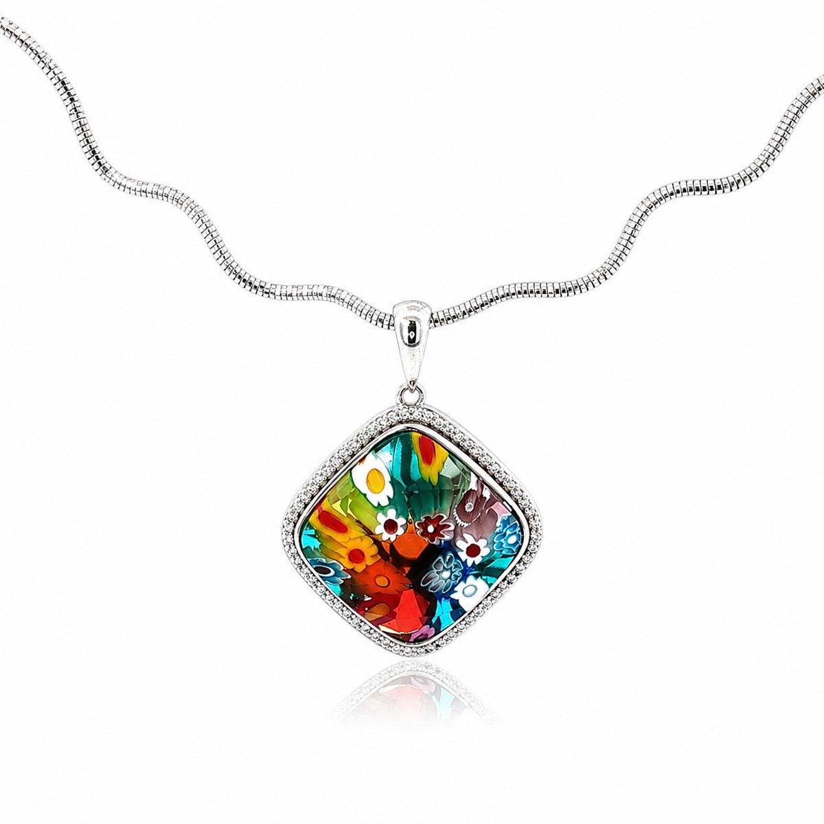 Colorful square pendant on a silver chain against a white background