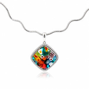 Colorful square pendant on a silver chain against a white background
