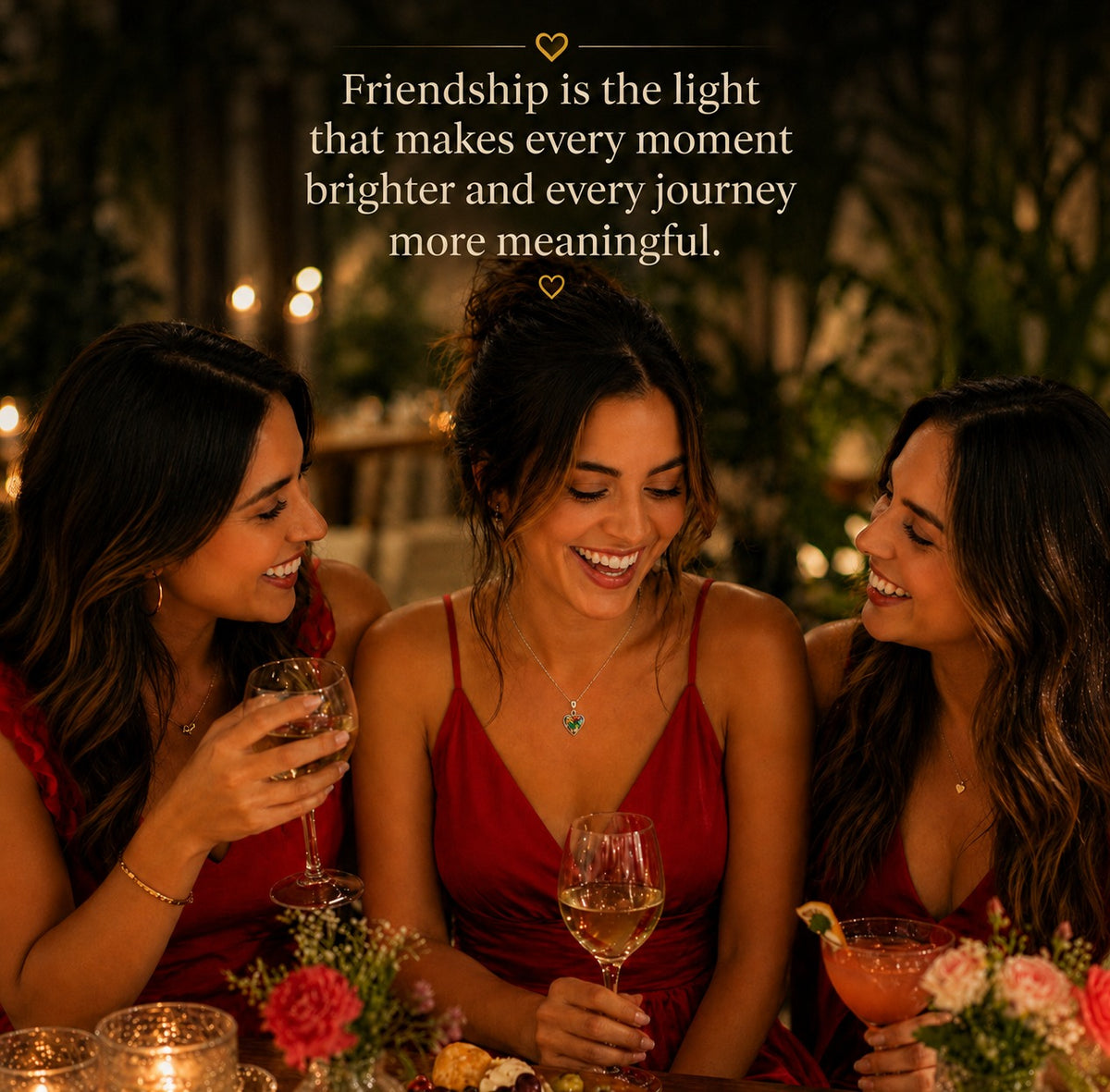 Three women in red dresses enjoying a night out with drinks and a quote about friendship.