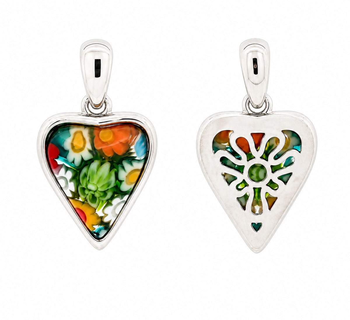 Two heart-shaped pendants with colorful mosaic designs on a white background
