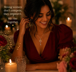 Woman in a red dress with a key necklace, surrounded by candles and flowers, with an empowering quote.