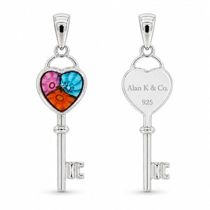Two silver key-shaped pendants with heart designs on a white background