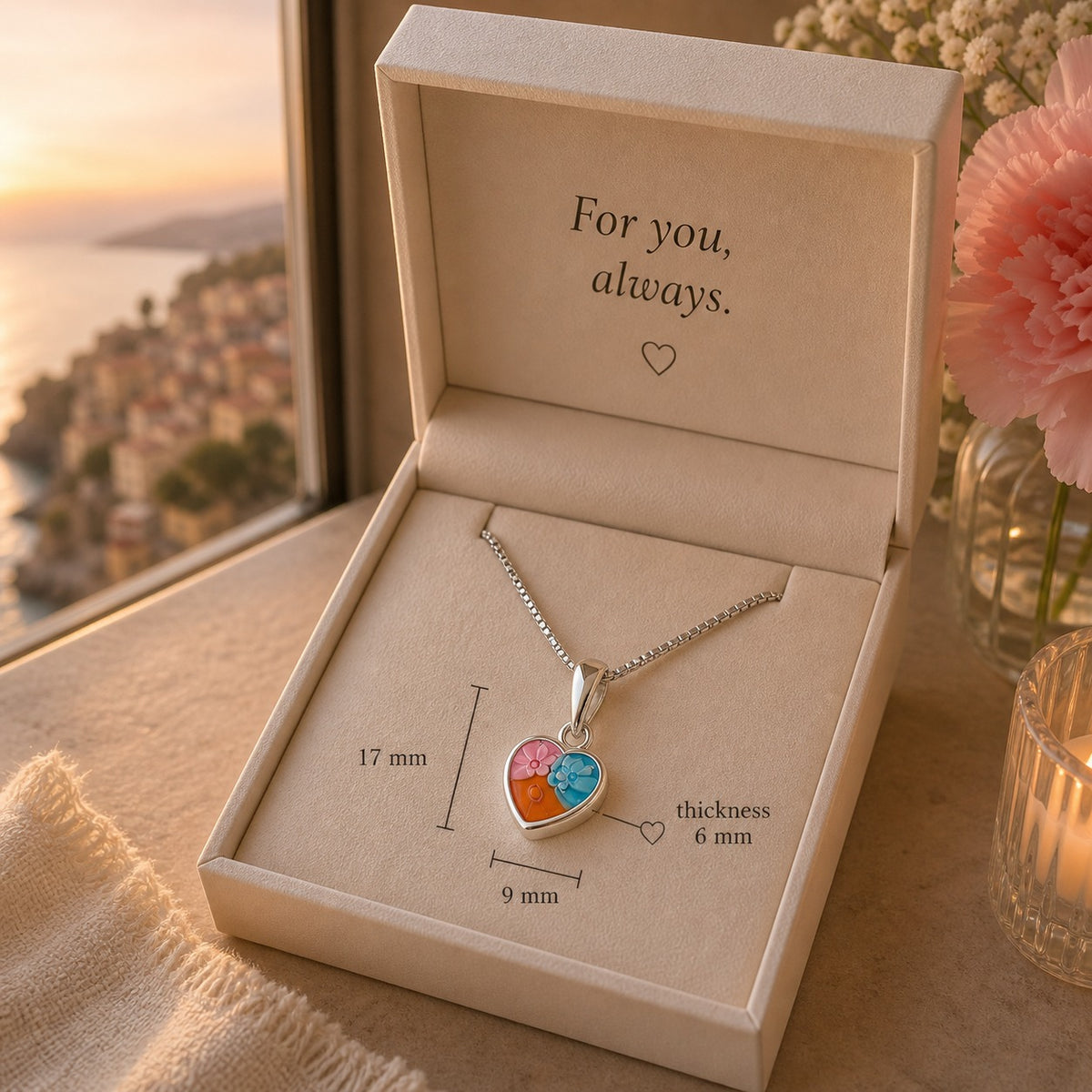 Necklace with a heart-shaped pendant in an open jewelry box with 'For you, always' text, set against a scenic background.