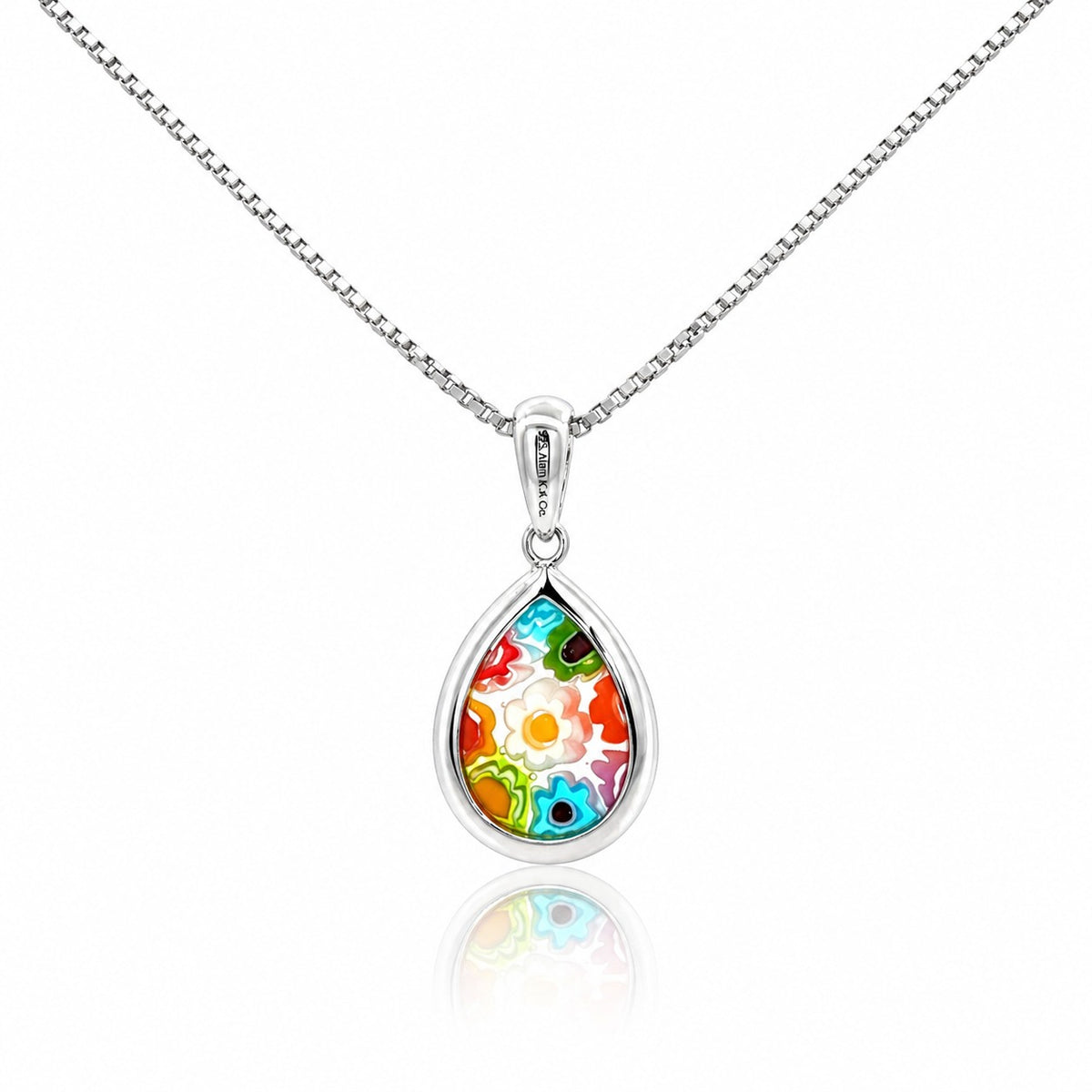 Colorful teardrop-shaped pendant on a silver chain against a white background