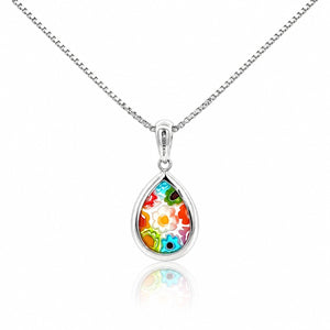 Colorful teardrop-shaped pendant on a silver chain against a white background