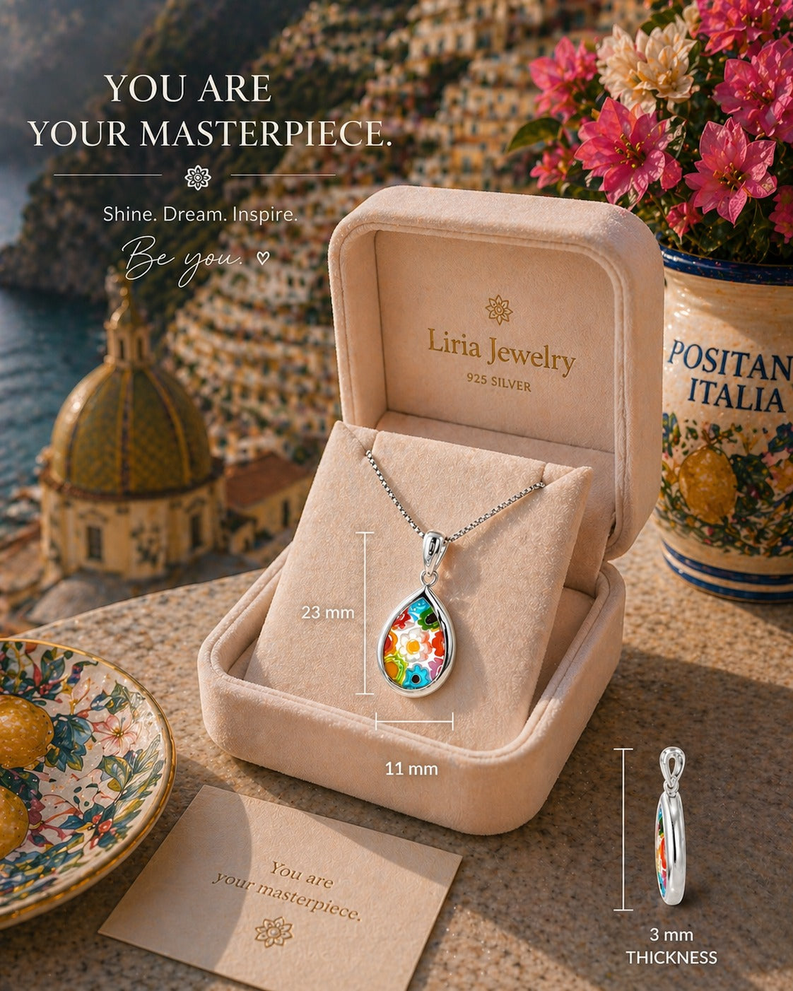 Liria Jewelry necklace in an open box with scenic background