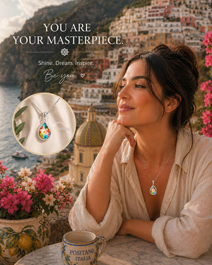 Woman wearing a necklace with a scenic background, featuring jewelry and motivational text.