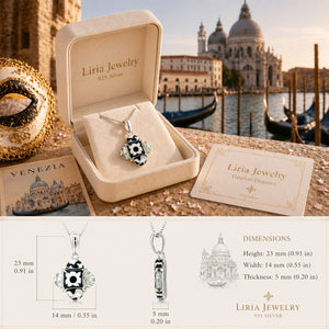 Liria Jewelry necklace in a box with Venice skyline in the background