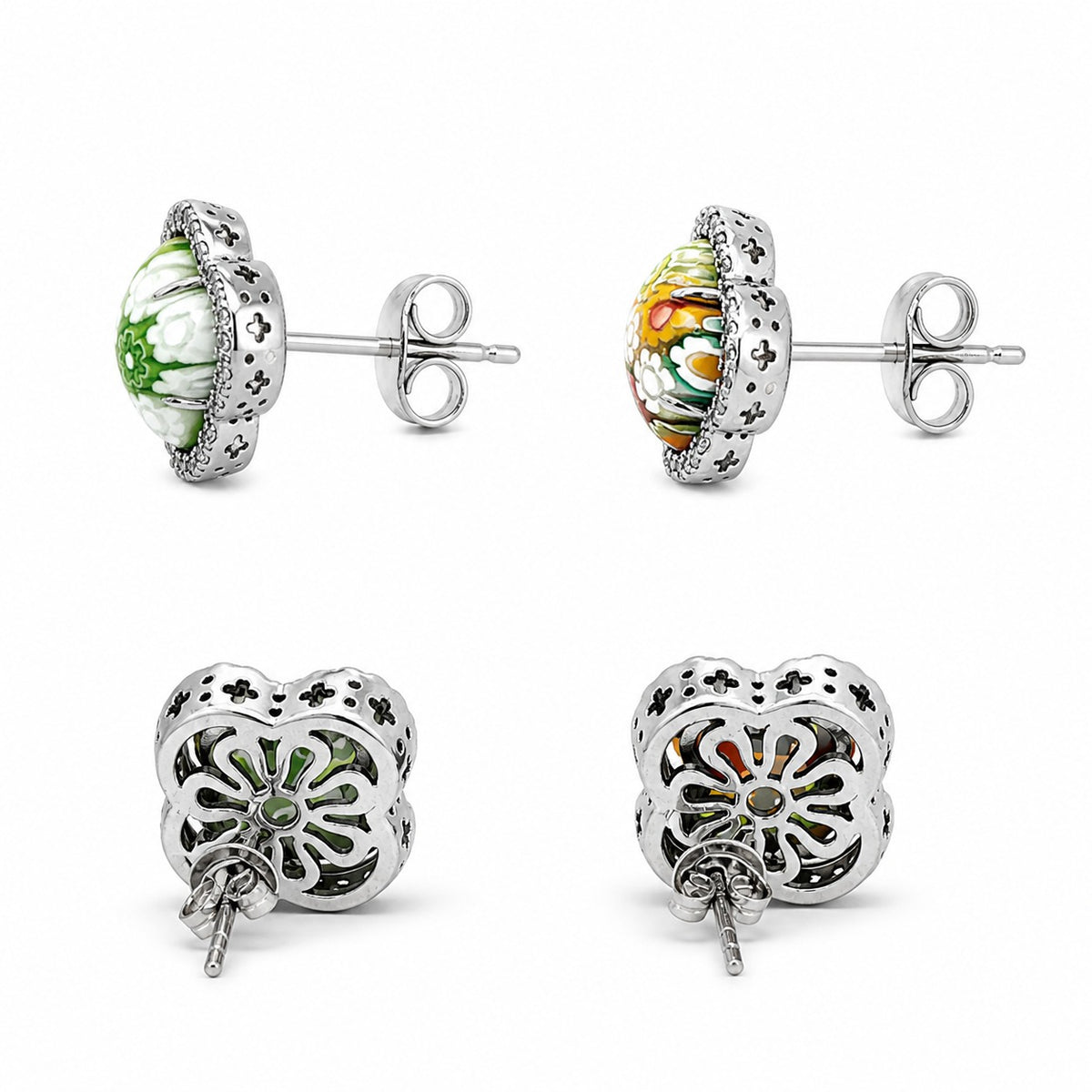 Set of four floral-themed stud earrings on a white background