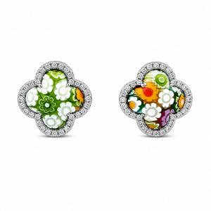 Pair of floral earrings with colorful design on a white background