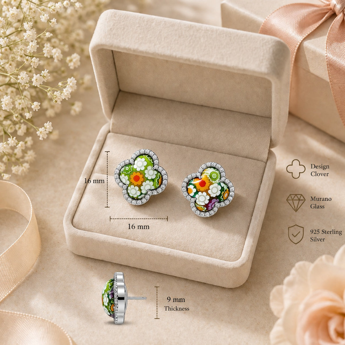 Colorful earrings in a jewelry box with floral decorations and measurements.
