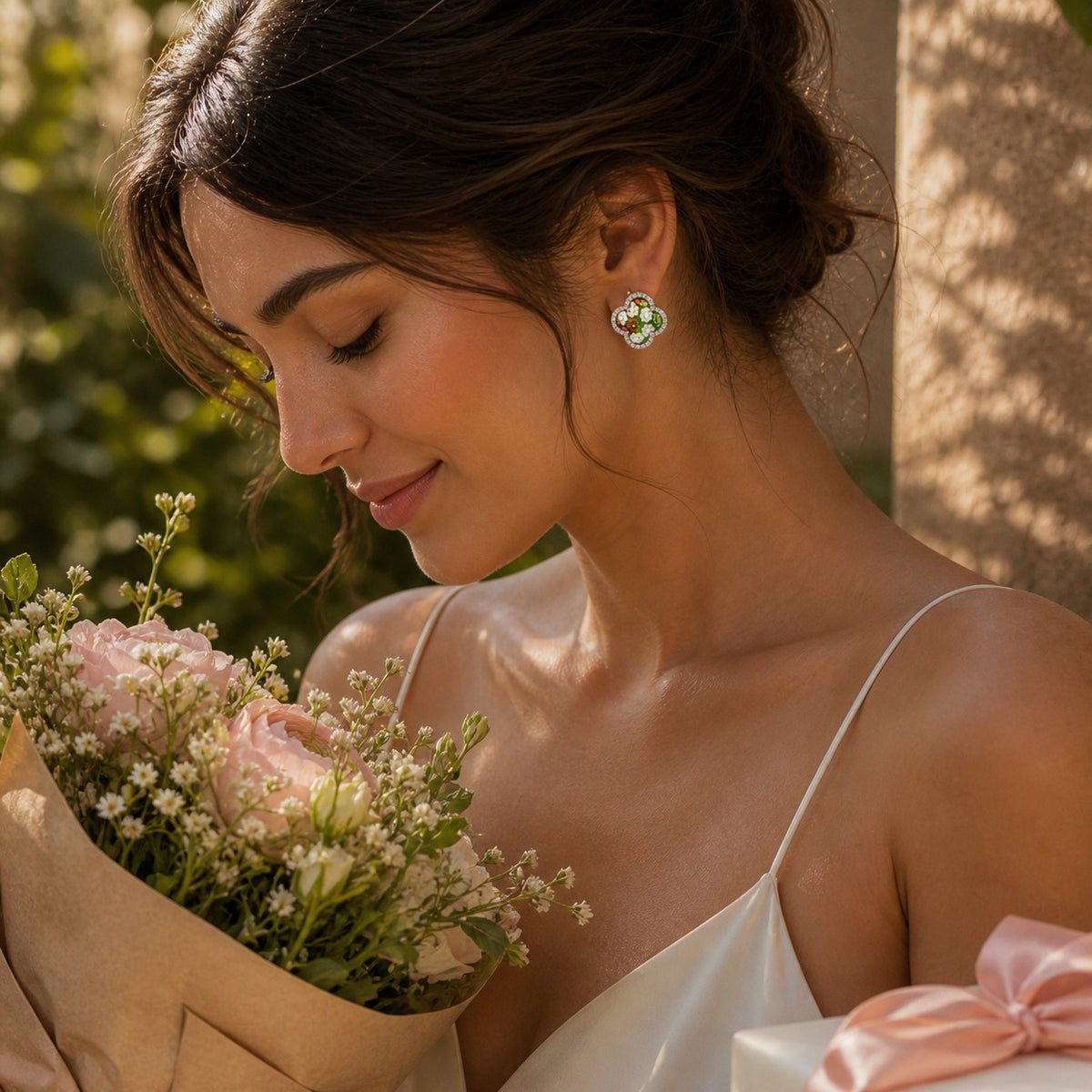 Woman holding a bouquet of flowers with a blurred natural background