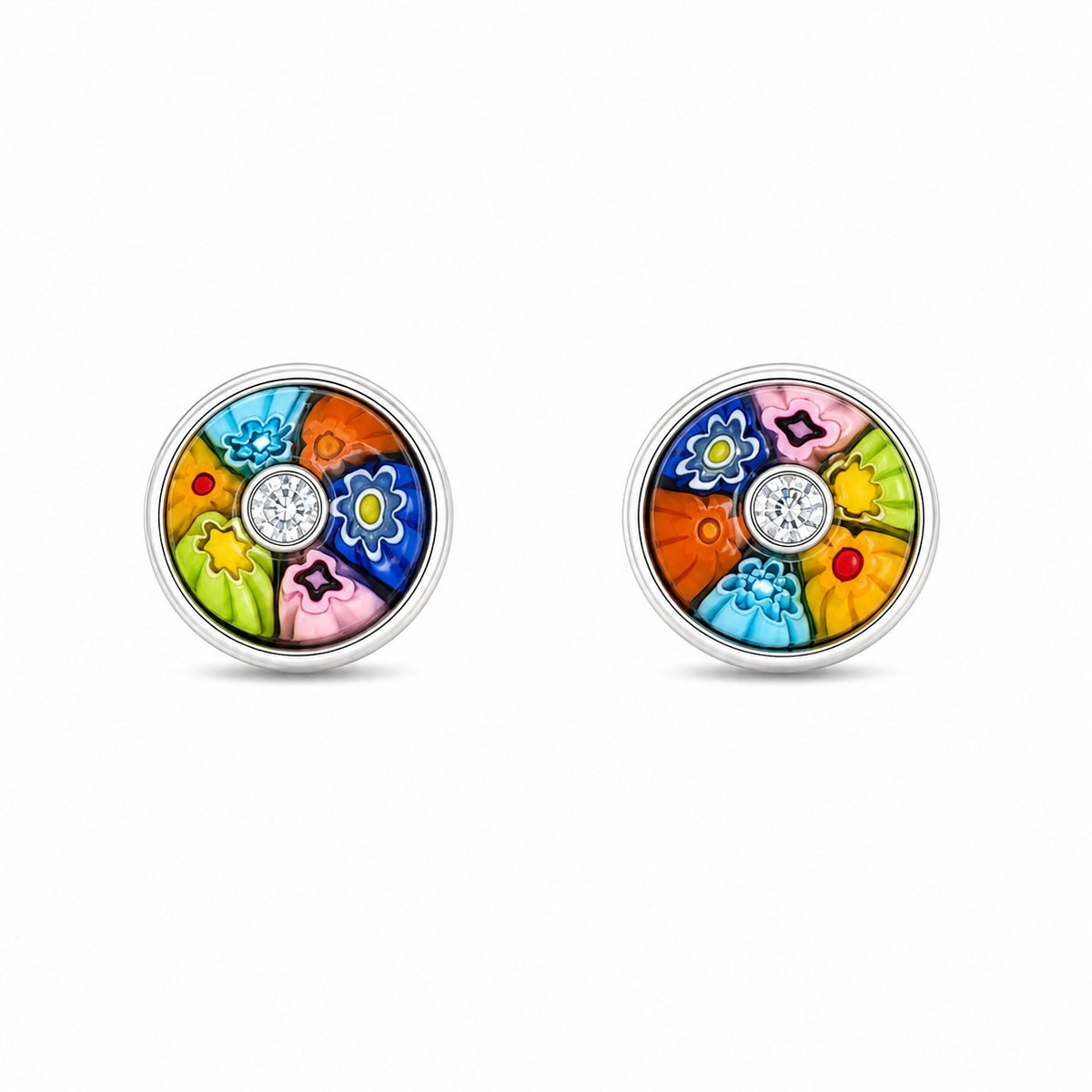 Pair of colorful floral earrings with a central gemstone on a white background