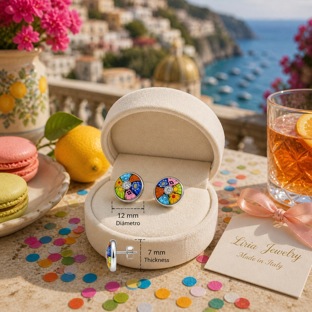 Colorful earrings in a jewelry box with a scenic background