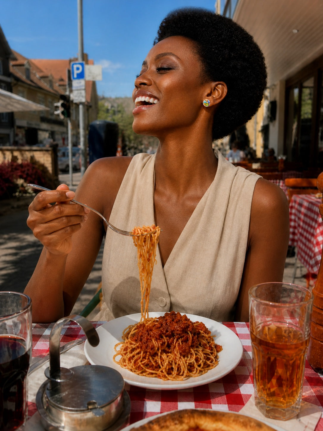 Woman enjoying a plate of spaghetti at an outdoor restaurant table.