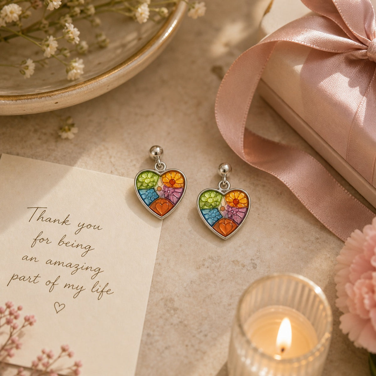 Heart-shaped earrings with colorful design on a surface with a candle and card.