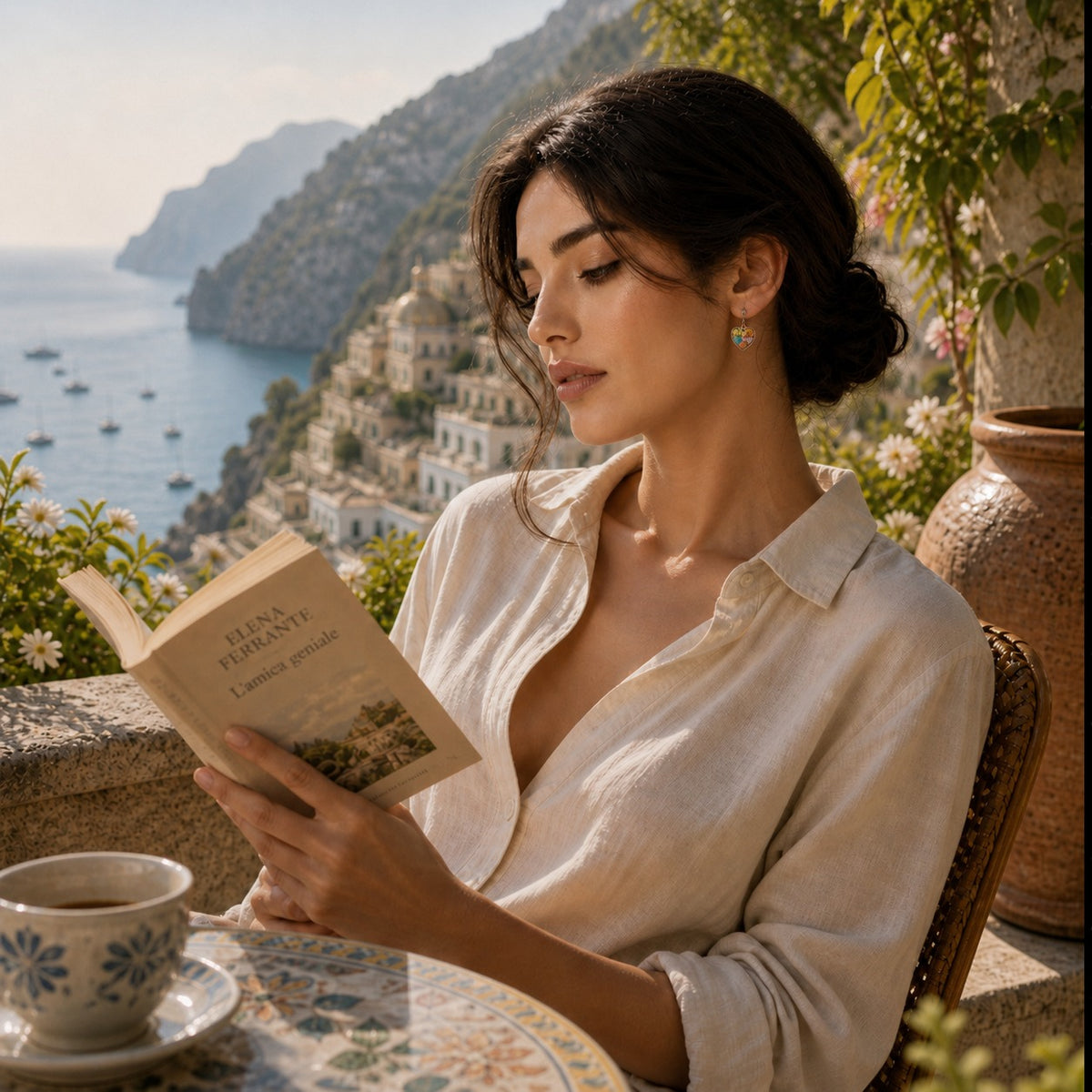 Woman reading a book by a scenic coastal view