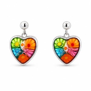 Colorful heart-shaped earrings with floral design on a white background