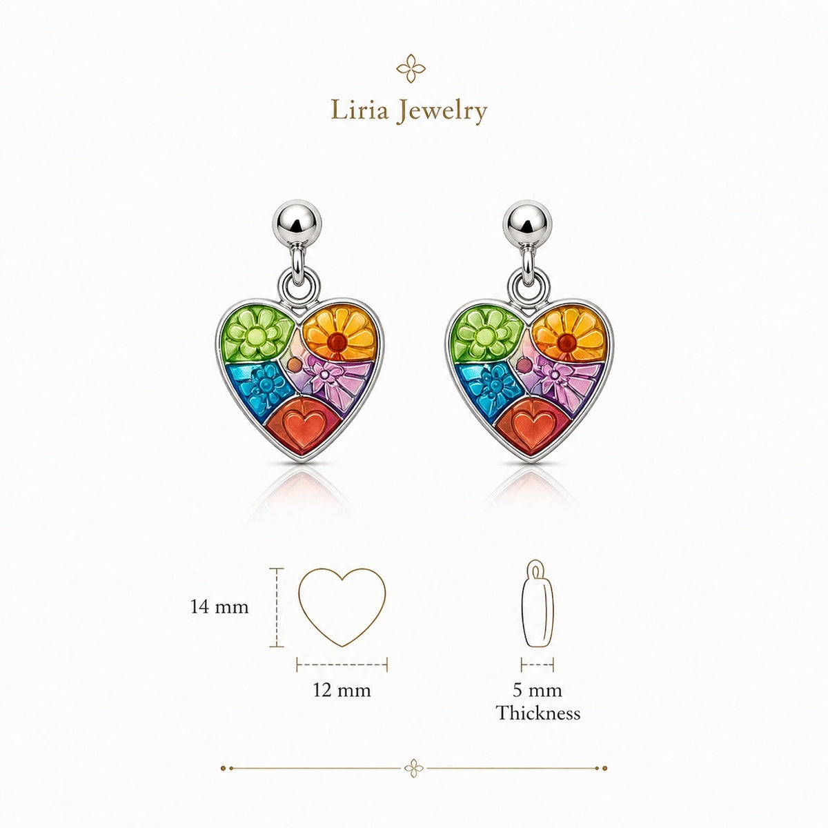 Heart-shaped earrings with colorful floral design by Liria Jewelry on a white background.
