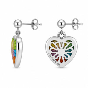 Silver earrings with colorful heart-shaped charms on a white background