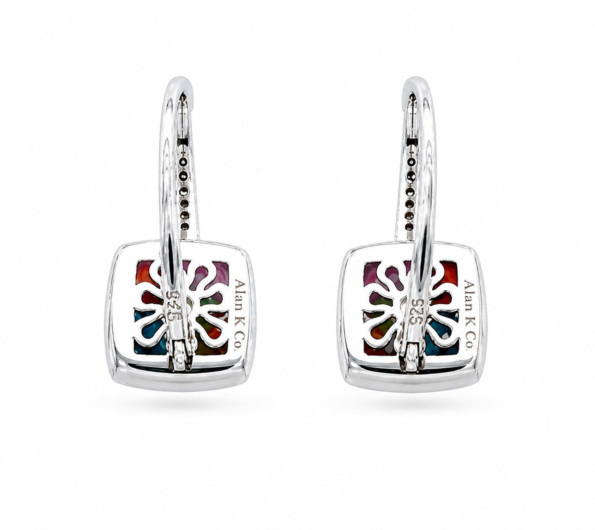 Pair of silver earrings with colorful design on a white background